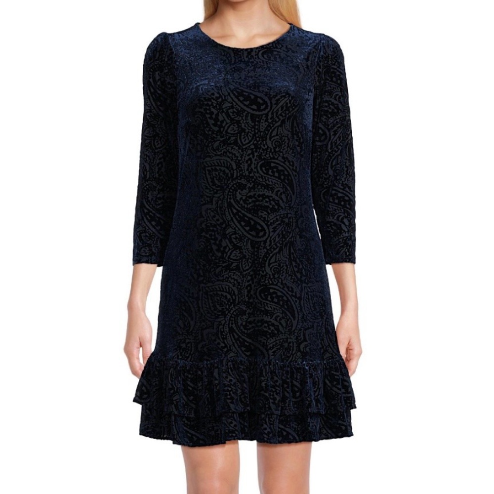 🆕 Tommy Hilfiger Navy Blue Paisley Velvet Burnout Sheer Dress Size 4 Ruffle Midi